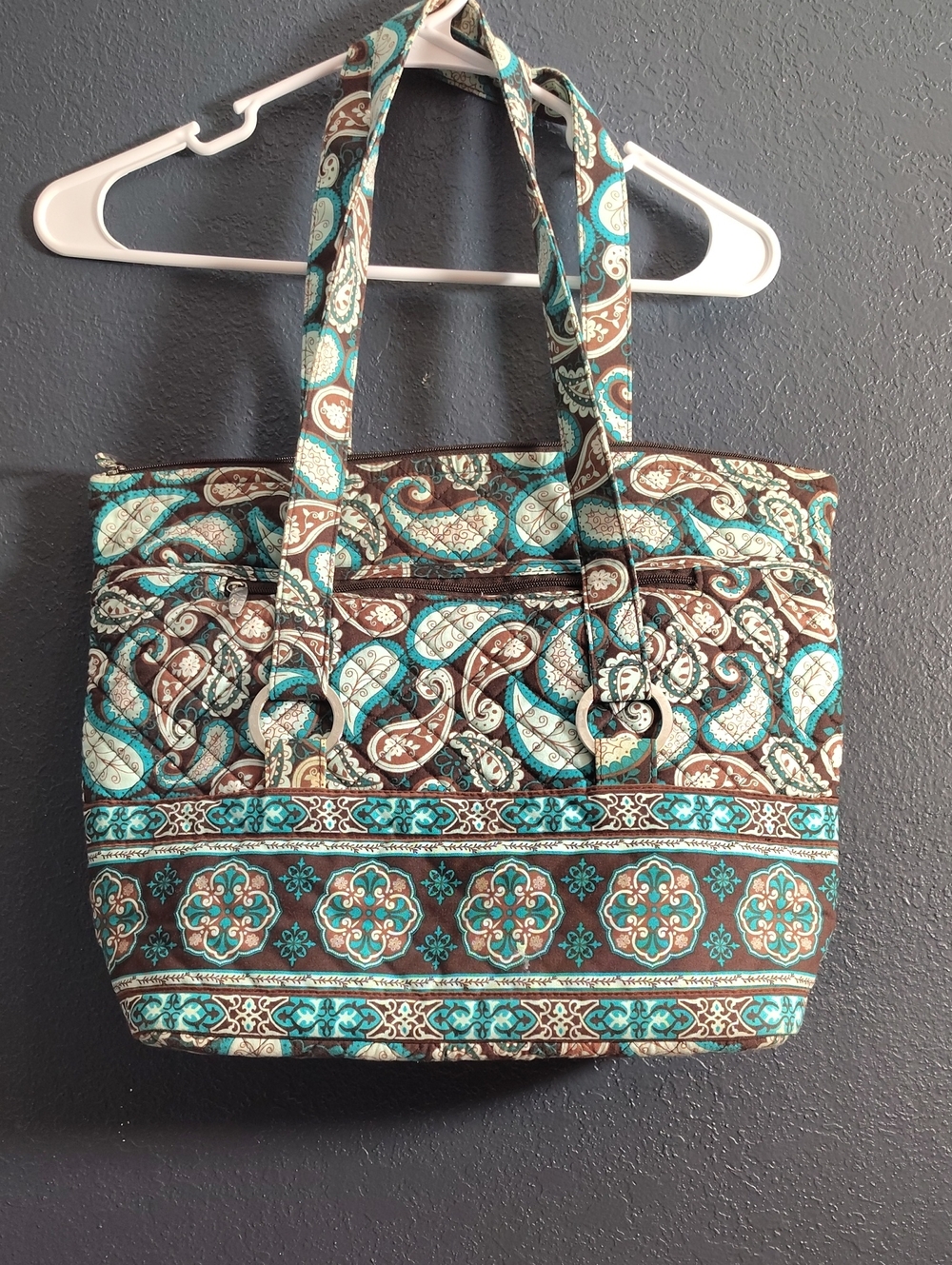 Quilted Paisley Tote Bag in Teal and Brown -